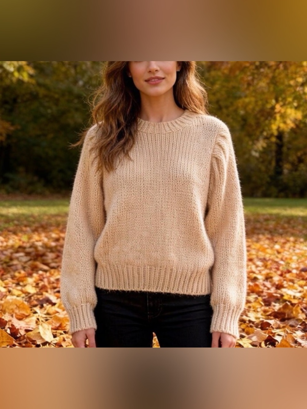 Lush Beige Crewneck Knit Sweater, Adorable Sleeves, Size M Excellent Condition